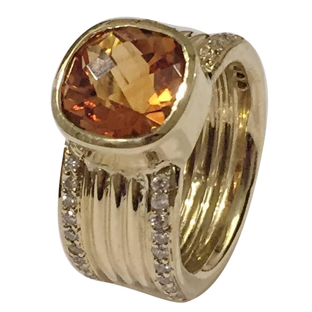 Citrine Diamond Gold Wide band ring  For Sale