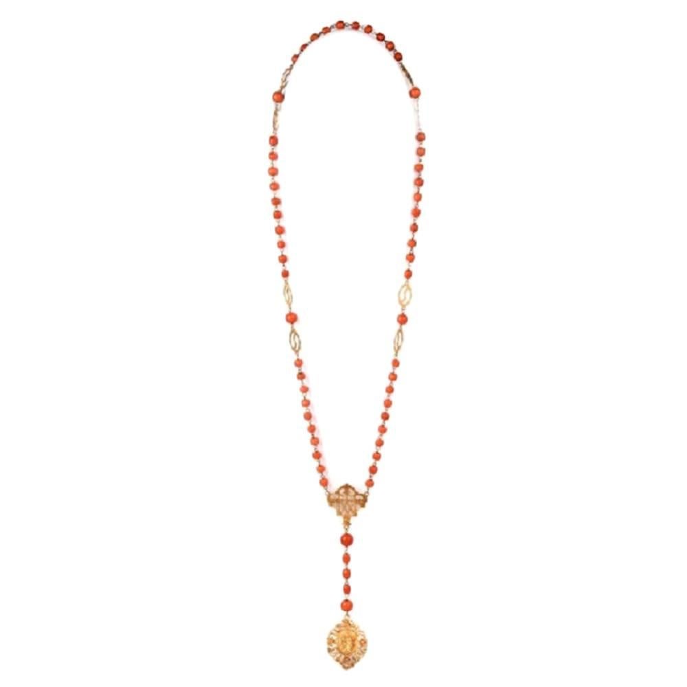 Coral Bead Filigree Gold Medallion Rosary Necklace