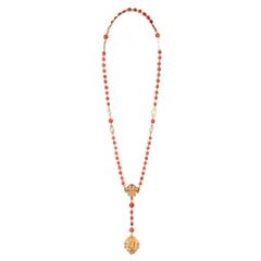 Vintage Coral Bead Filigree Gold Medallion Rosary Necklace