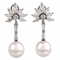 Stunning Diamond Pearl Gold Pendant Earrings