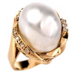 Large Baroque Pearl Diamond Gold Cocktail Ring