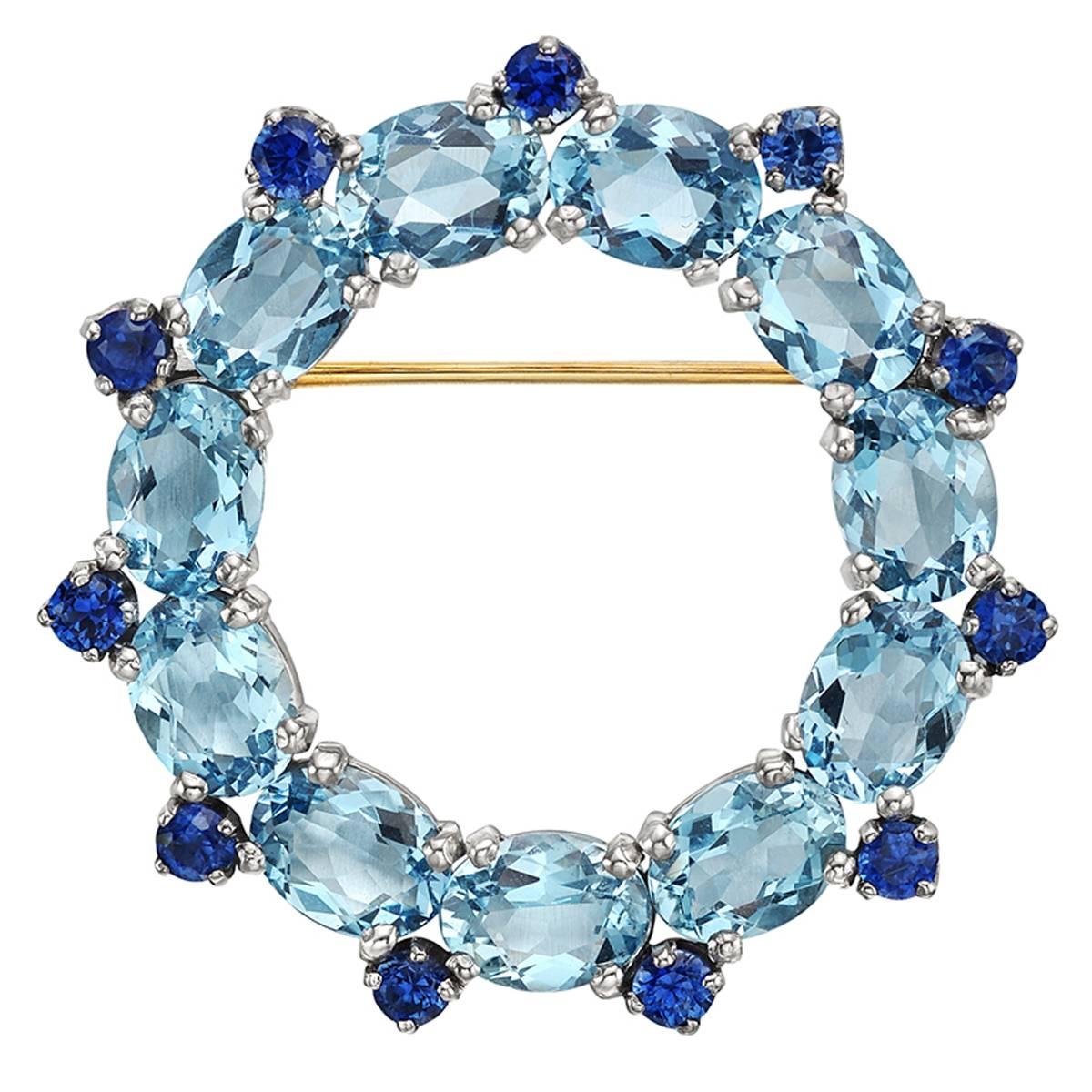 Aiguemarine Sapphire Open Circle Brooch