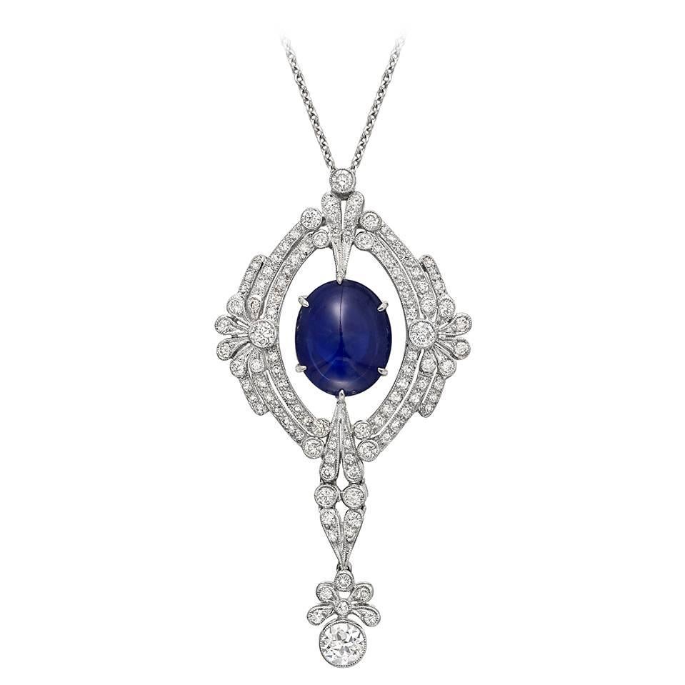 Cabochon Sapphire Diamond Pendant Necklace