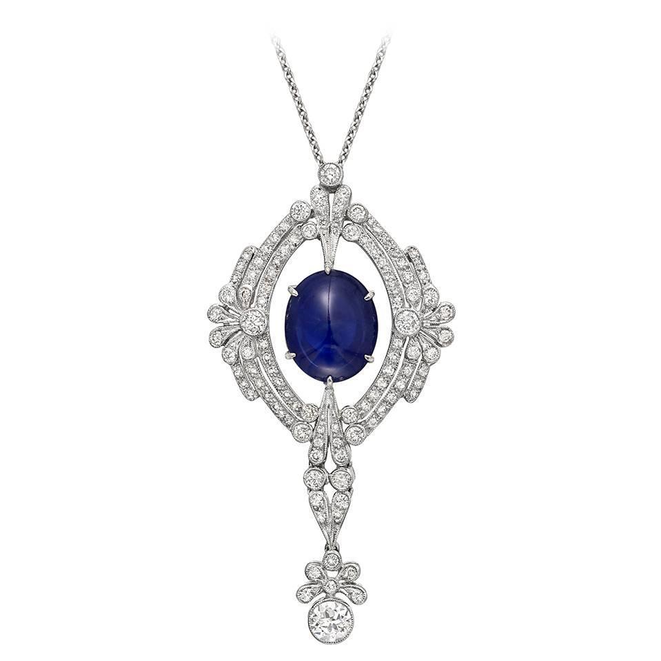 Cabochon Sapphire Diamond Pendant Necklace For Sale at 1stdibs