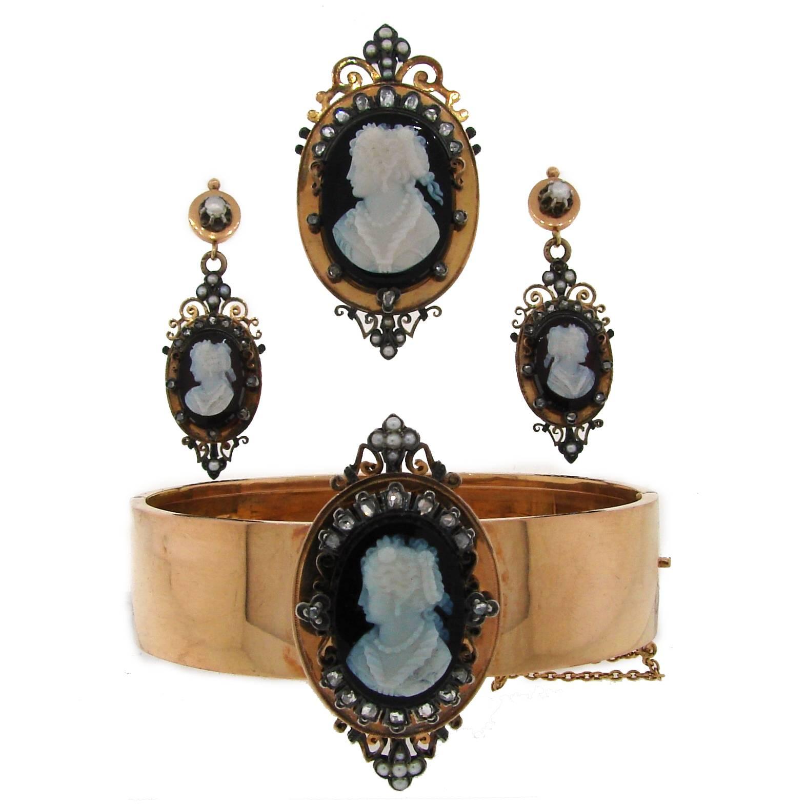Victorian Agate Cameo Diamond Gold Pin Brooch Pendant Bangle Bracelet Earrings 