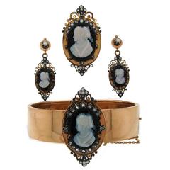 Victorian Agate Cameo Diamond Gold Pin Brooch Pendant Bangle Bracelet Earrings 