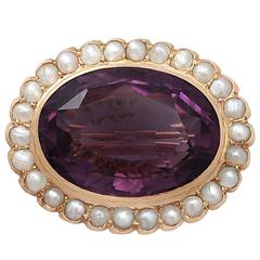 17.05Ct Amethyst and Pearl 9k Yellow Gold Brooch - Antique Edwardian