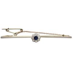 0.16Ct Sapphire & 0.26Ct Diamond Cluster, 15k Yellow Gold Bar Brooch - Antique 10