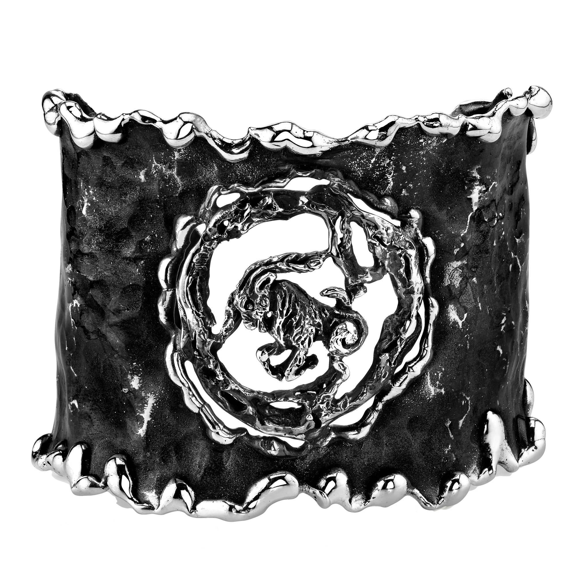 Capricorn Hand Forged Silver Zodiac Cuff Bracelet  For Sale