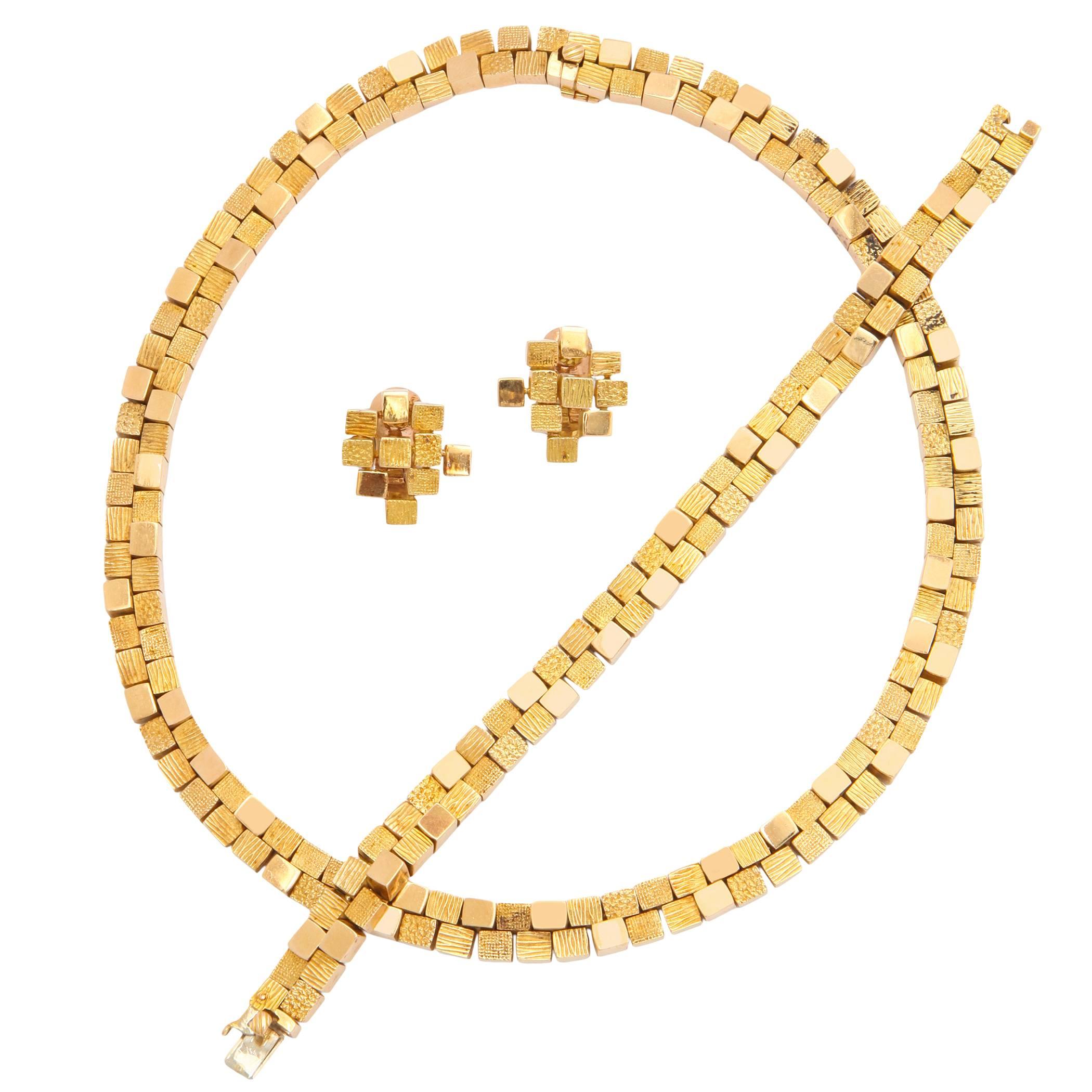 1960s Mauboussin Modernist Necklace Suite in Textured Gold