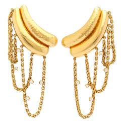 1980s Andrew Clunn Diamond and Draped Gold Chain Earclips 8