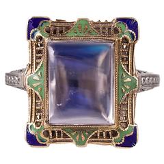 Blue Flash Moonstone 
Enamel Filigree Ring