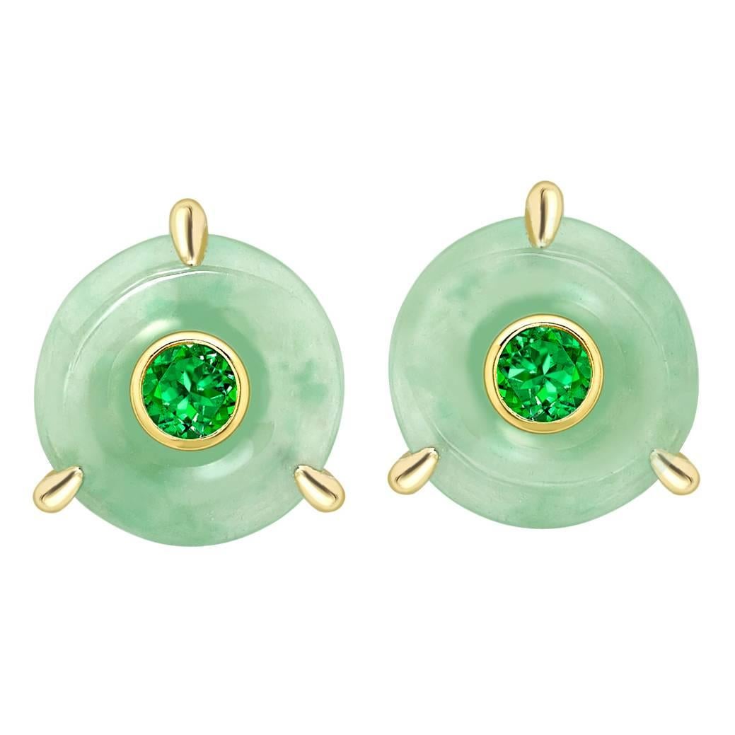 Ana de Costa Yellow Gold Round Green Tsavorite Green Jade Disc Stud Earrings For Sale