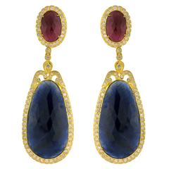 Stunning Sliced Sapphire Ruby Diamond Gold Dangle Earrings