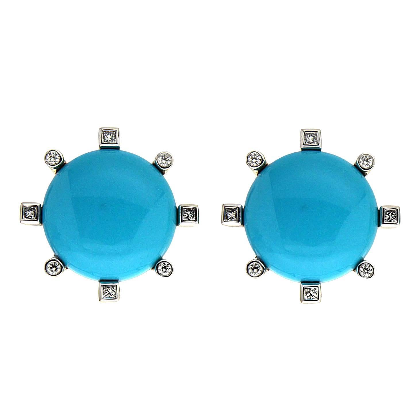 Valentin Magro Round Turquoise Princess Cut and Round Diamond Gold Earrings