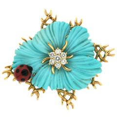 Small Flower Turquoise Pin with Coral Beetle 10