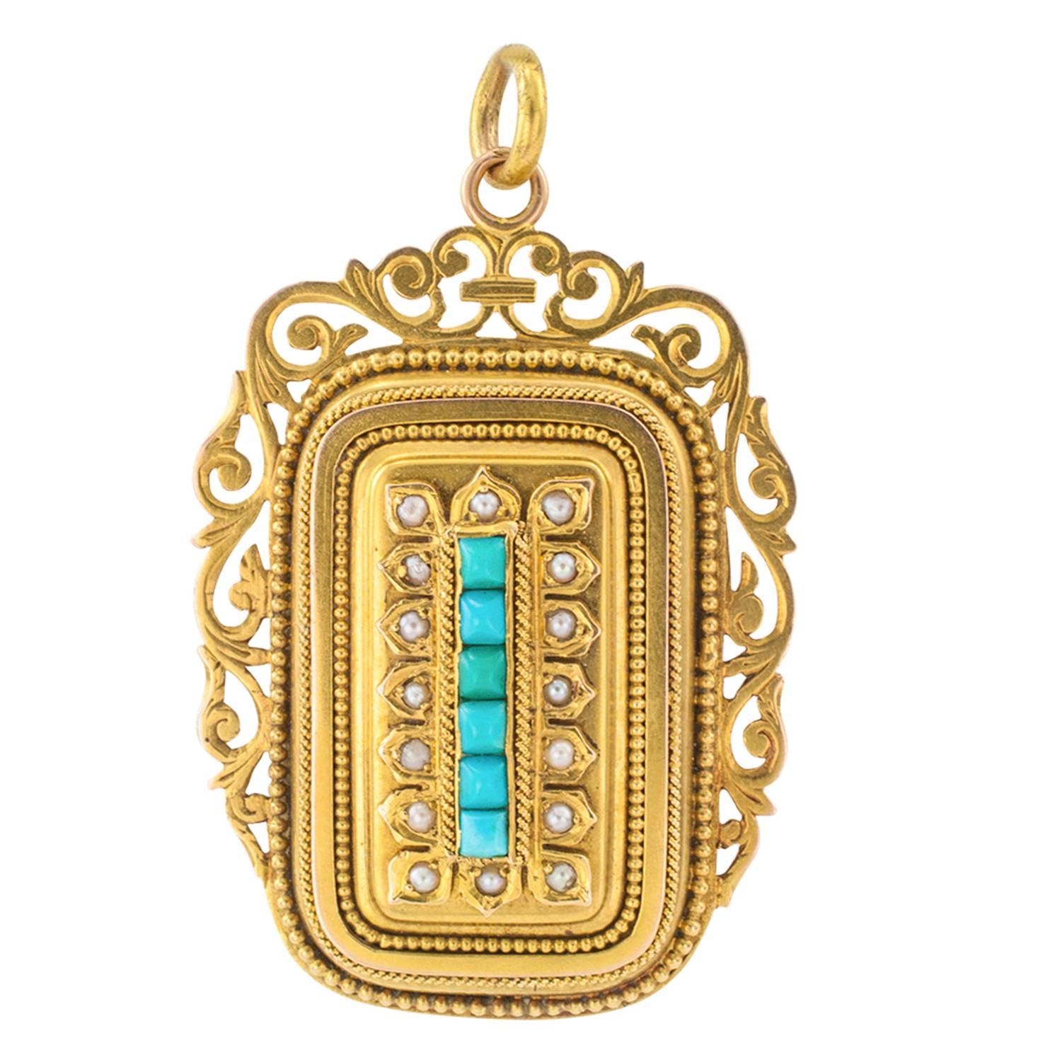 Unique Victorian Turquoise Pearl Gold Locket