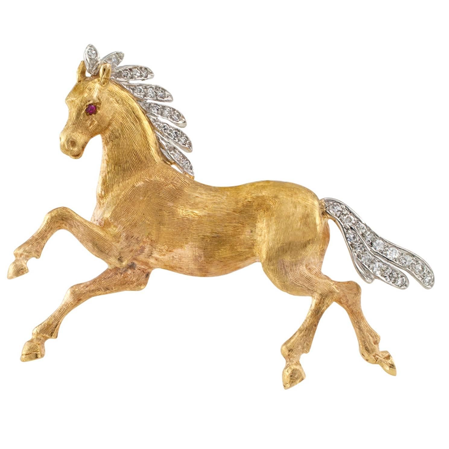 Ruby Diamond Gold Platinum Wild Mustang Horse Brooch