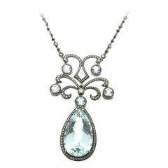 Stunning 19.48 Carat Aquamarine Marcasite Diamond Gold Necklace