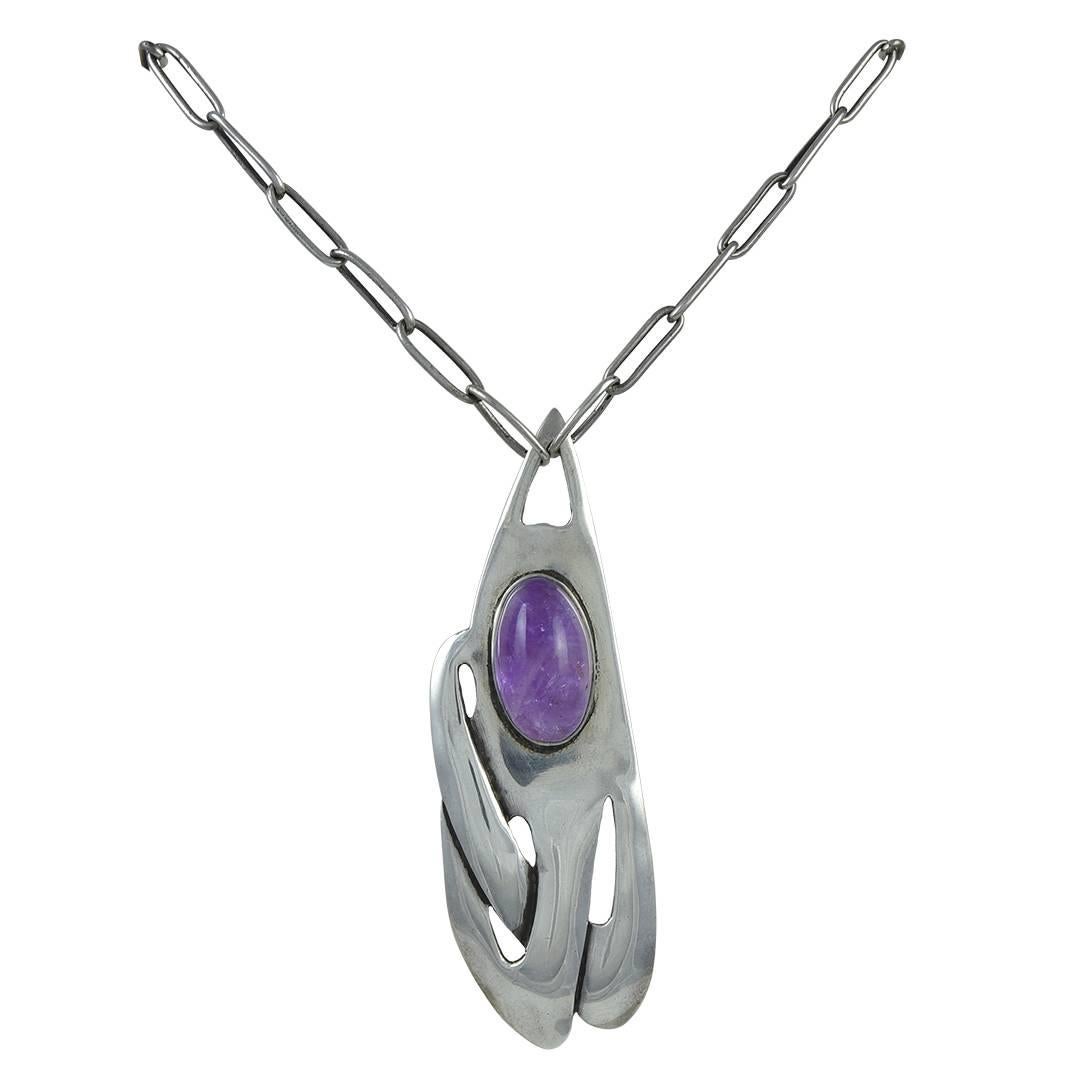 Carence Crafters Amethyst Sterling Silver Pendant Necklace For Sale