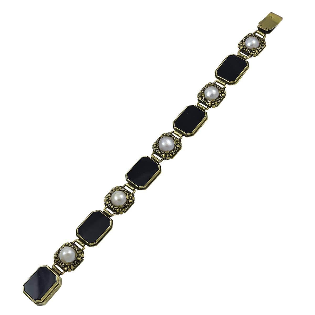 Oakes Studios Pearl Onyx Gold Bracelet For Sale