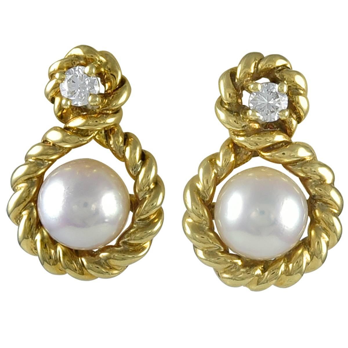 Tiffany & Co. Pearl Diamond gold Earrings For Sale