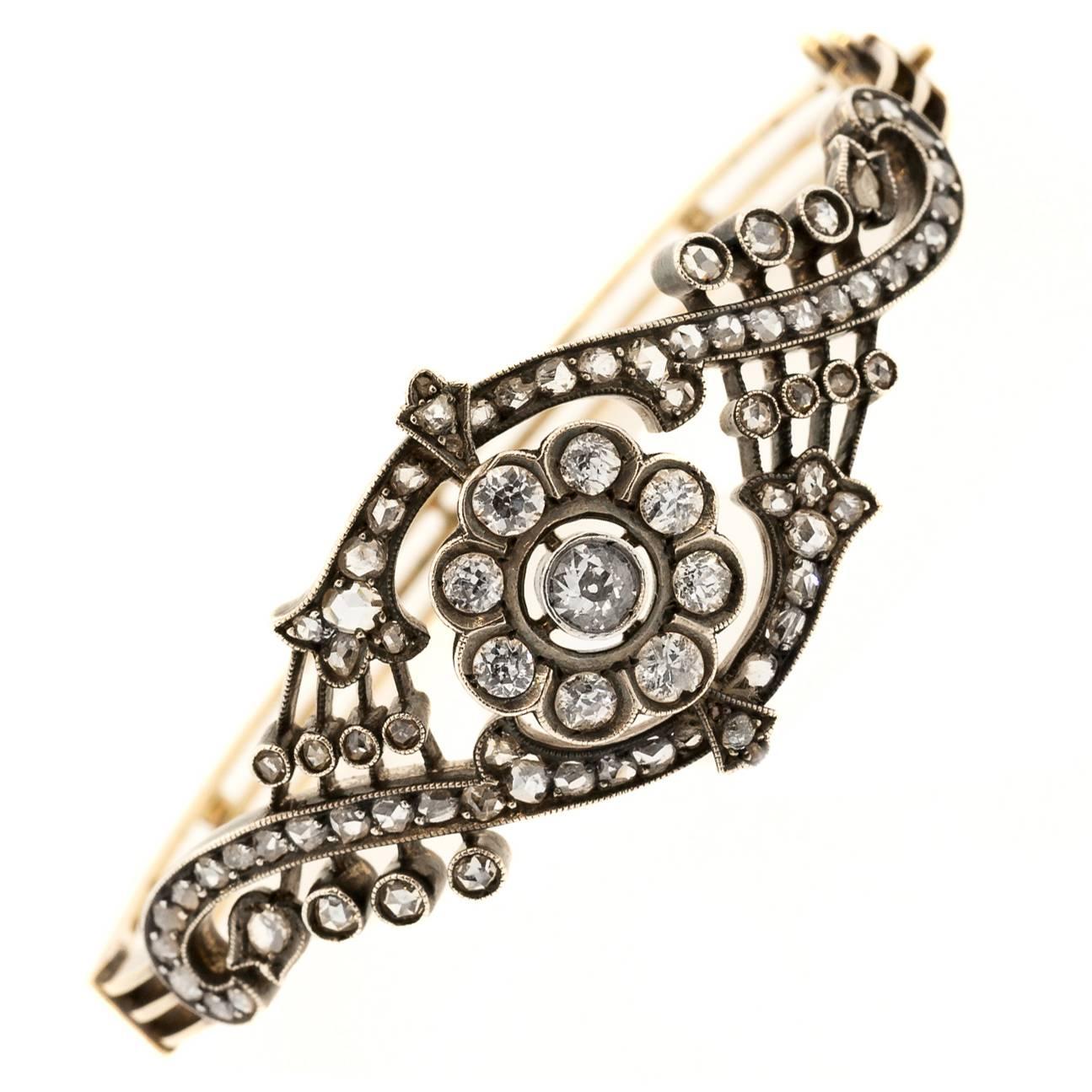 1870s Victorian Old Cut Diamond Silver Gold Clamper Bracelet