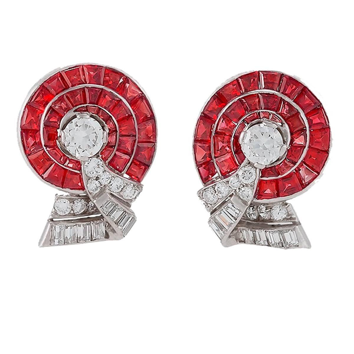 Retro Diamond, Ruby and Platinum Earrings