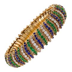 Van Cleef & Arpels French Mid-20th Century Diamond, Sapphire & Emerald Bracelet