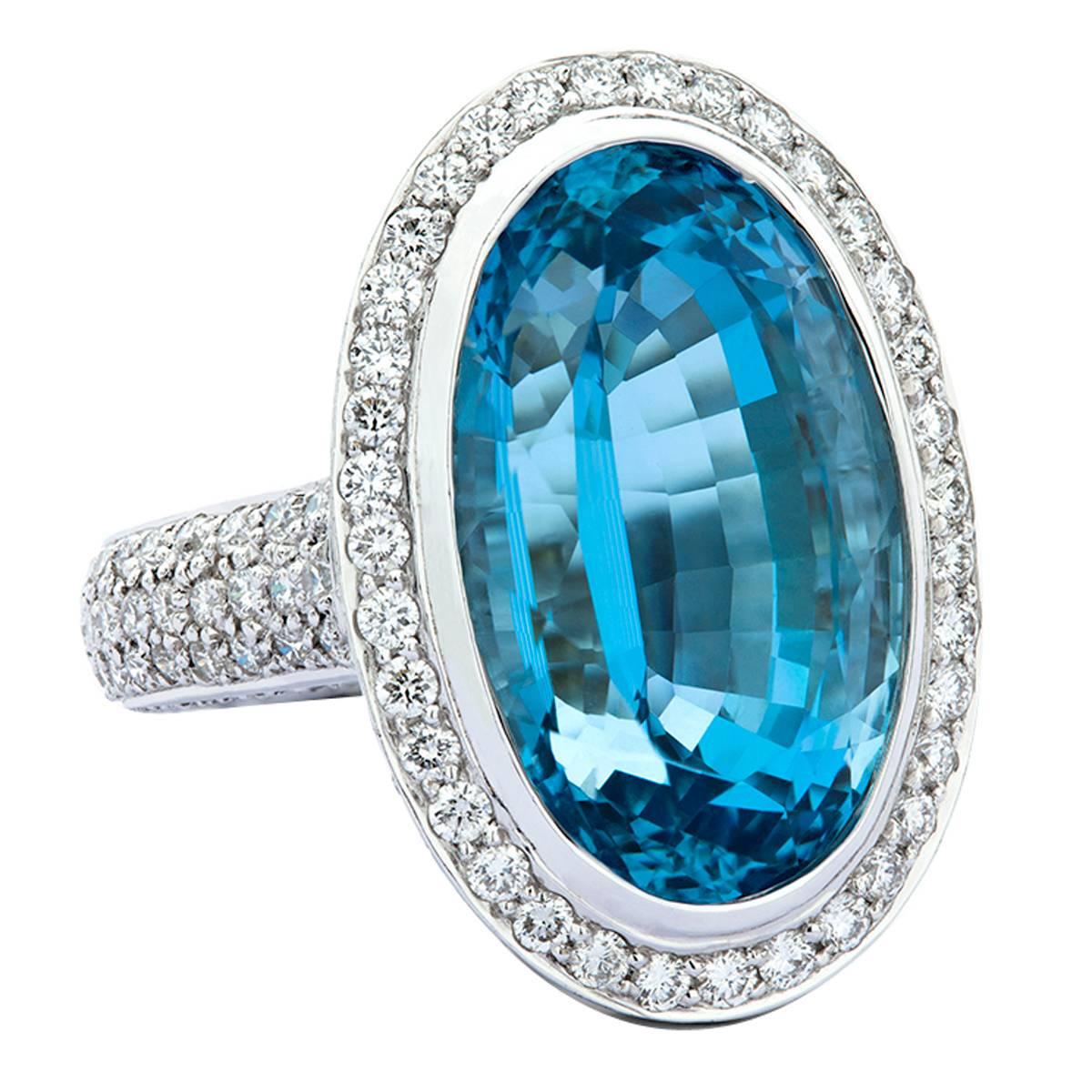 Oval Aquamarine Diamond Gold Ring For Sale