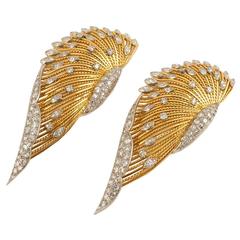 Pair Pierre Sterlé 1950's Diamond Gold Platinum Clip Brooches