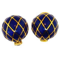 David Webb Blue Enamel Gold Dome earrings
