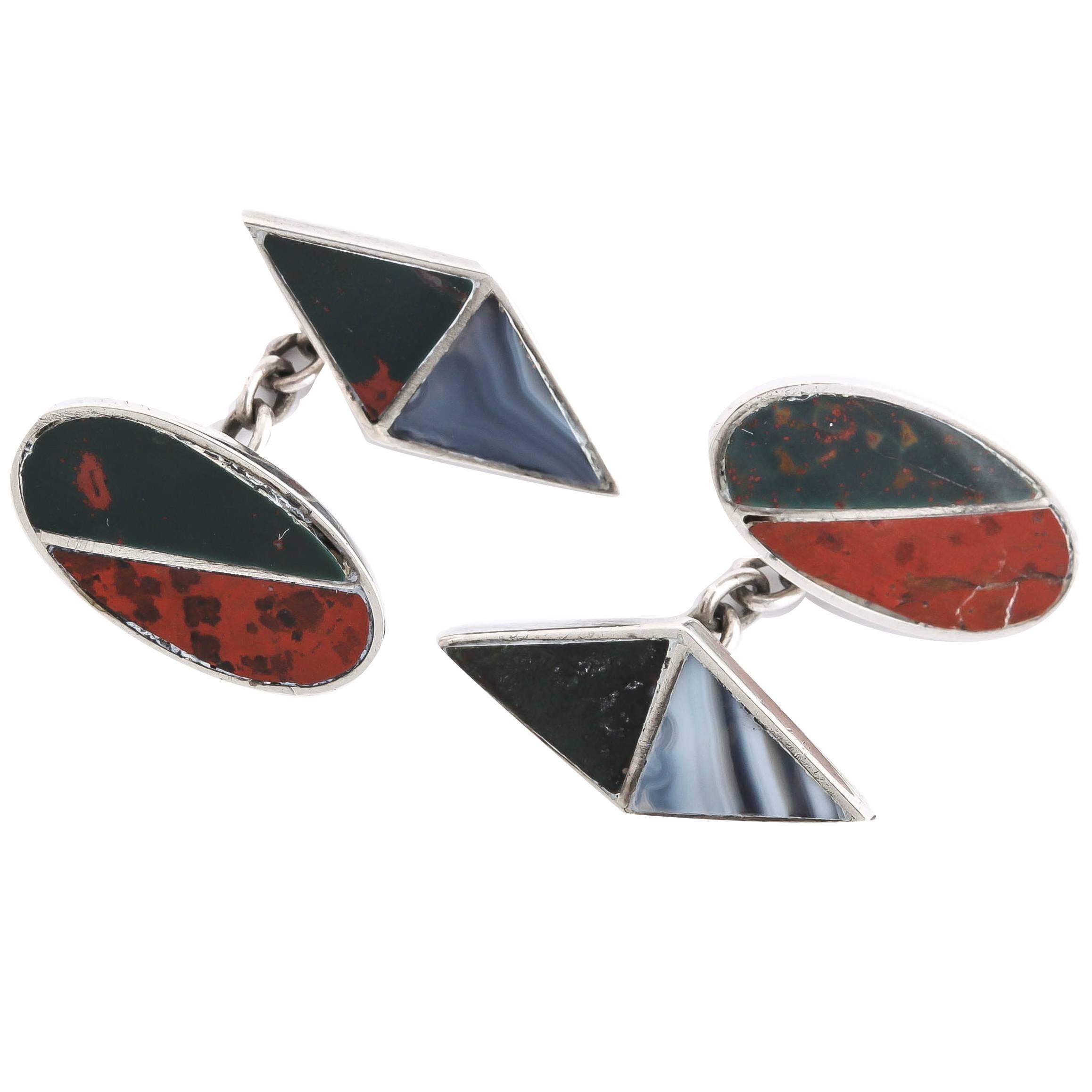 J. Cook & Sons Ltd. Sterling Silver Agate Cufflinks For Sale