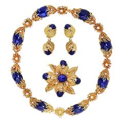 Glamorous 1960s Lapis Lazuli Diamond Feathered Gold Parure
