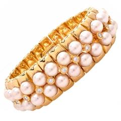 Vintage Mikimoto Pearl Diamond Gold Wide Bracelet