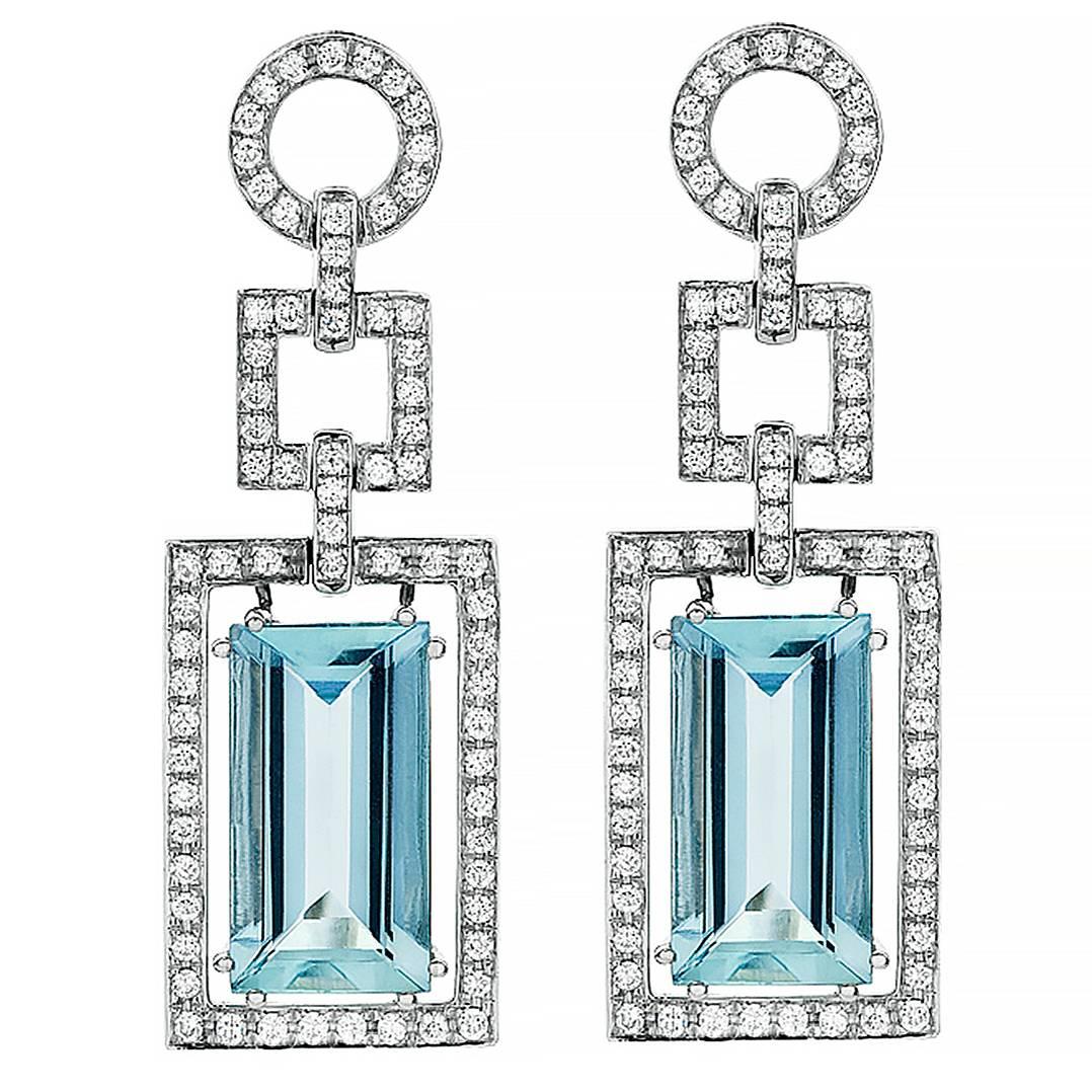 Step-Cut Aquamarine Diamond Gold Dangle Earrings For Sale