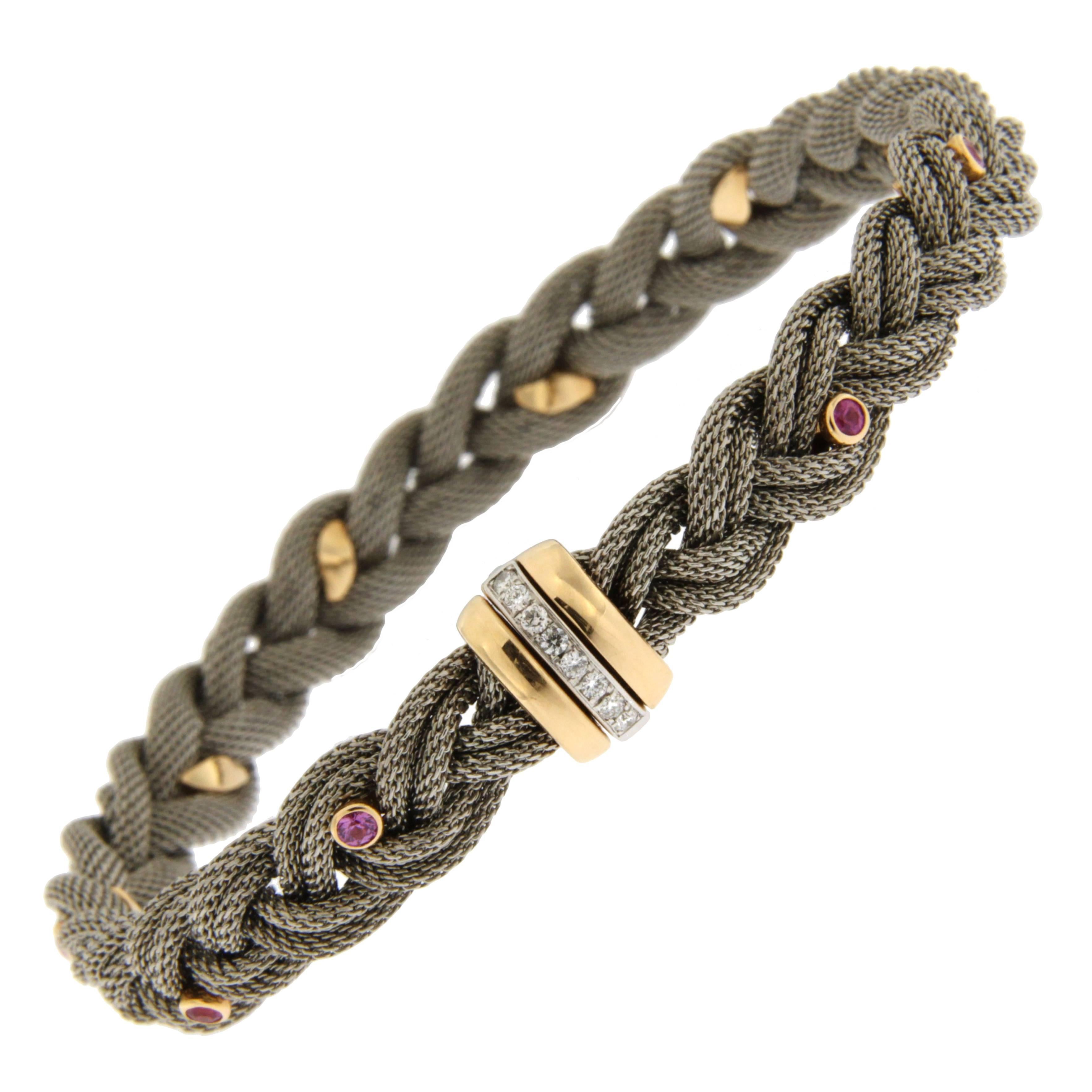 Jona Pink Sapphire Diamond Stainless Steel and 18 Karat Gold Bracelet