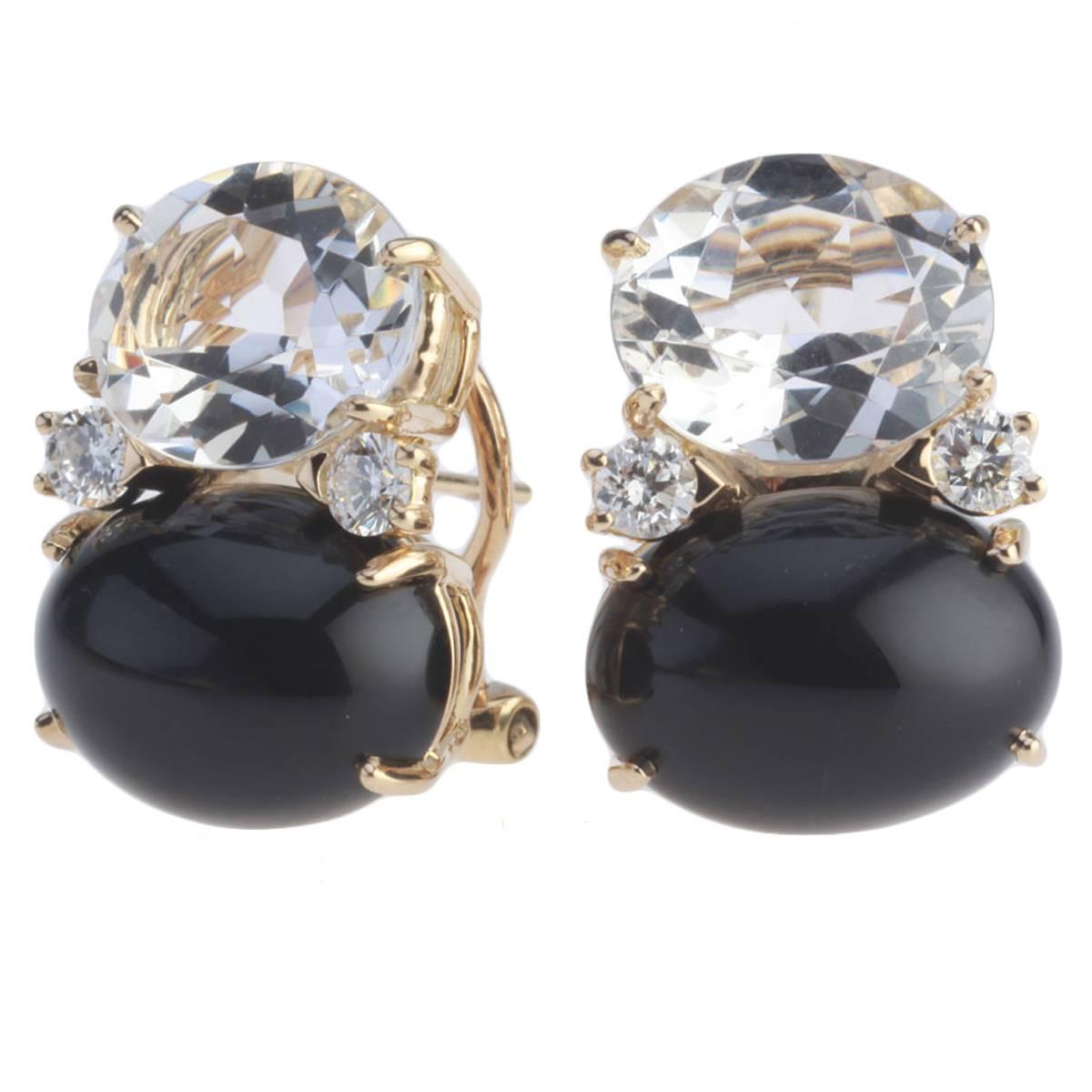 Boucles d'oreilles GUM DROP™ avec cristal de roche, onyx cabochon et diamants