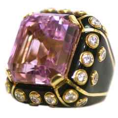 Chunky Kunzite Black Enamel Diamond Gold Cocktail Ring 