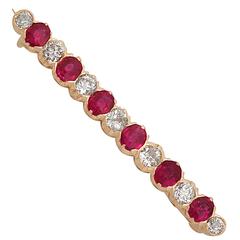 1.48Ct Ruby and 0.85Ct Diamond, 14k Rose Gold Bar Brooch - Antique Victorian
