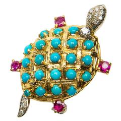 Elegant Turquoise Ruby Diamond Gold Platinum Turtle Brooch
