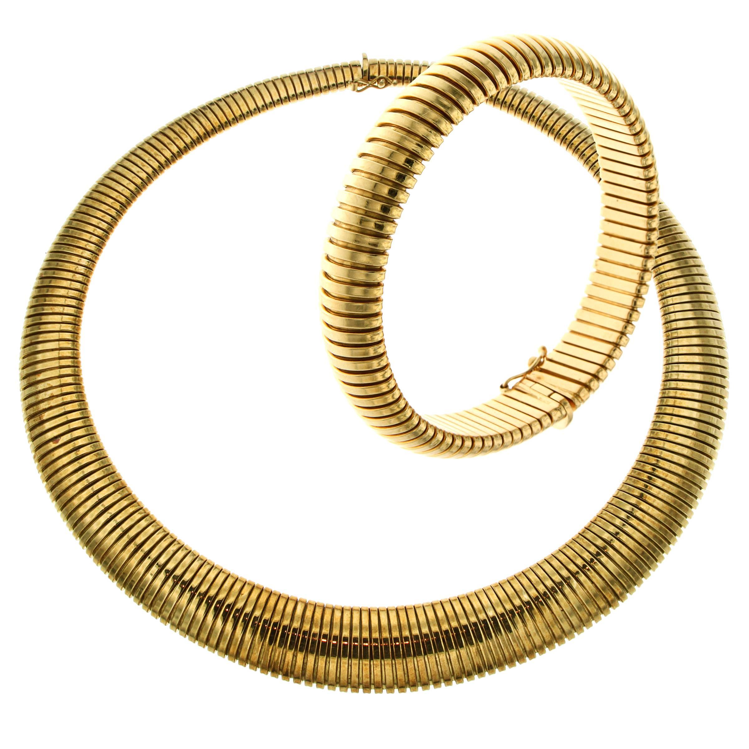 Yellow Gold Bracelet Necklace Set Tubogas, 1980s