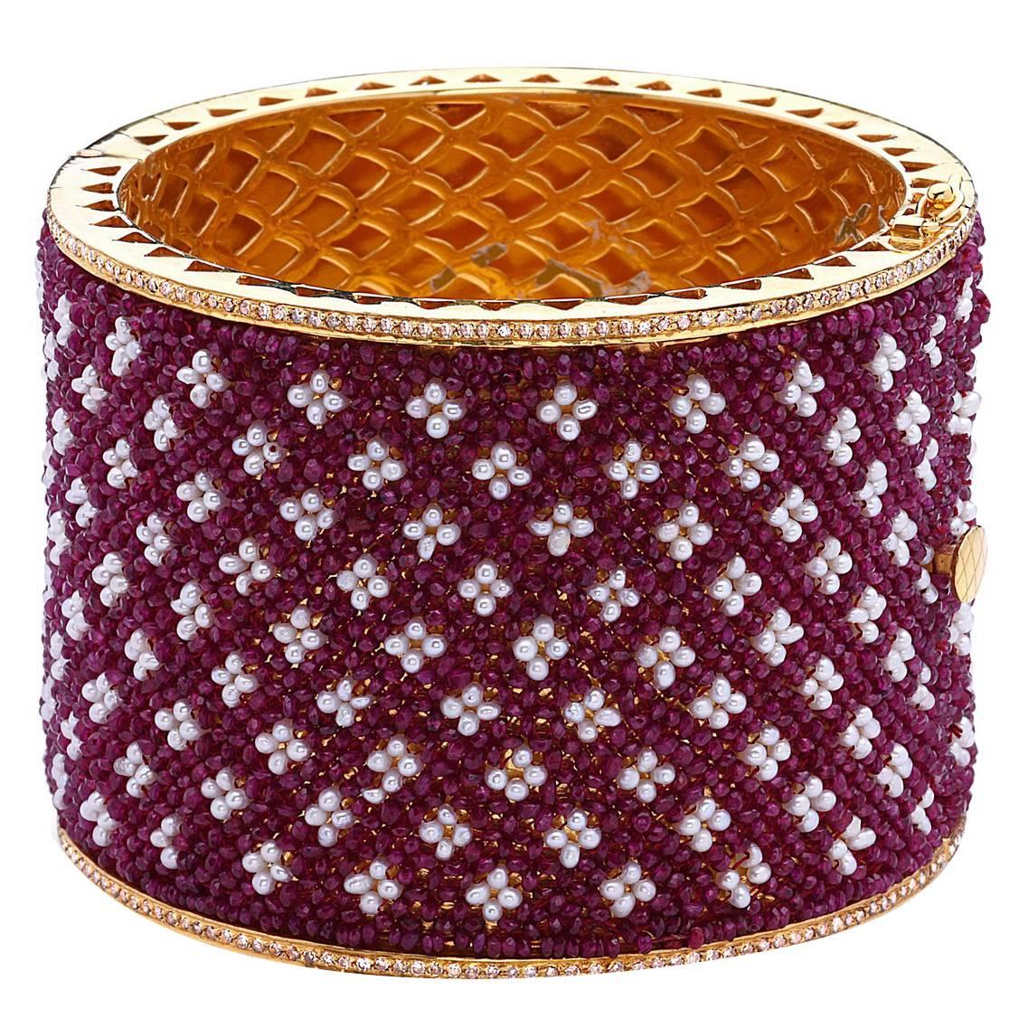 Artisan Exclusive Hand-Sewn Ruby Pearl Gold Bangle Bracelet