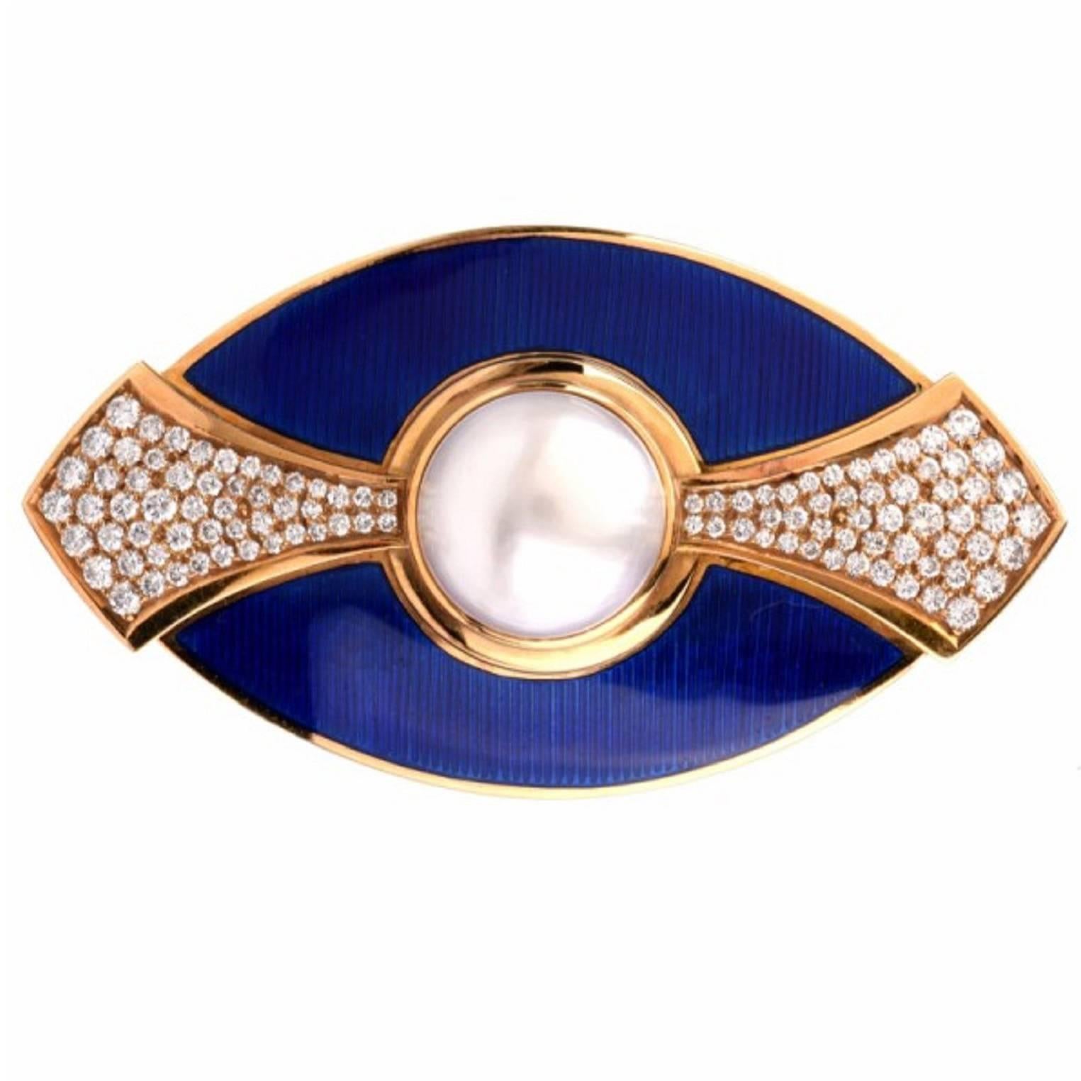 De Vroomen Enamel Pearl Diamond Gold Blue Brooch Pin