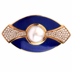 De Vroomen Enamel Pearl Diamond Gold Blue Brooch Pin
