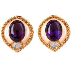 Cabochon Mother of Pearl Amethyst Diamond Gold  Clip-Back Earrings