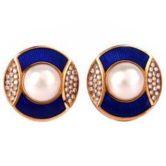 De Vroomen Enamel Pearl Diamond Gold Clip-Back Earrings 2