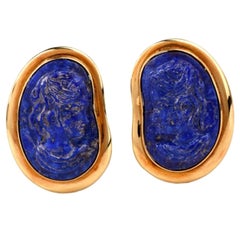 1970S Lapis Lazuli Cameo Gold Clip-Back Earrings