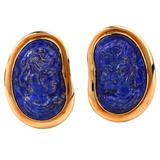 Designer Lapis Lazuli Cameo Gold Clip-Back Earrings