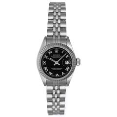 Rolex Lady's Stainless Steel Datejust Black Roman Dial Wristwatch Ref 79174